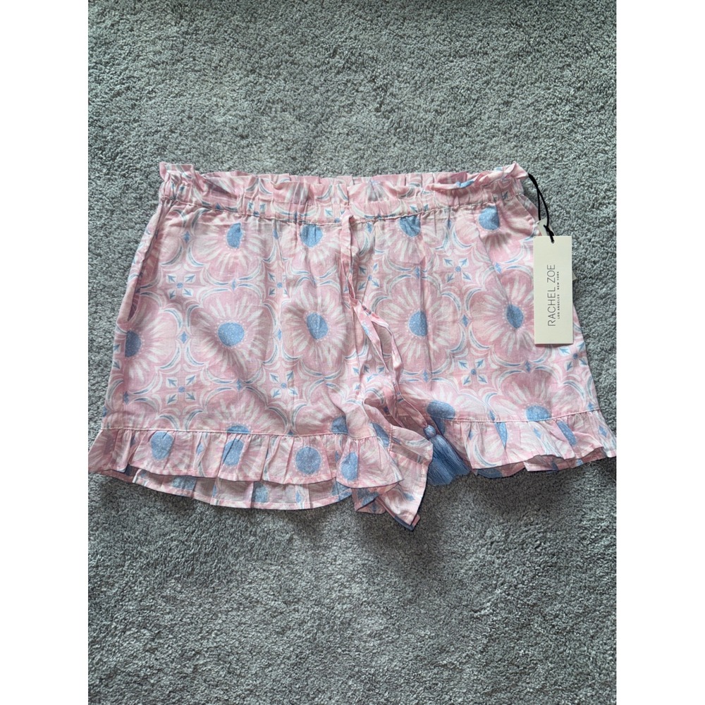 Rachel Zoe Womens Pink Blue Floral Cotton Ruffle Pajama Shorts Tassel Small NWT